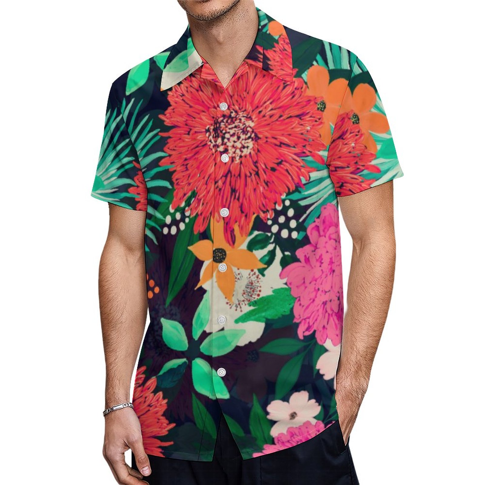 Pretty Vibrant Floral Paint Navy Blue Design Hawaiian Shirt Mens Button Down Tropical Hawaii Beach Shirts