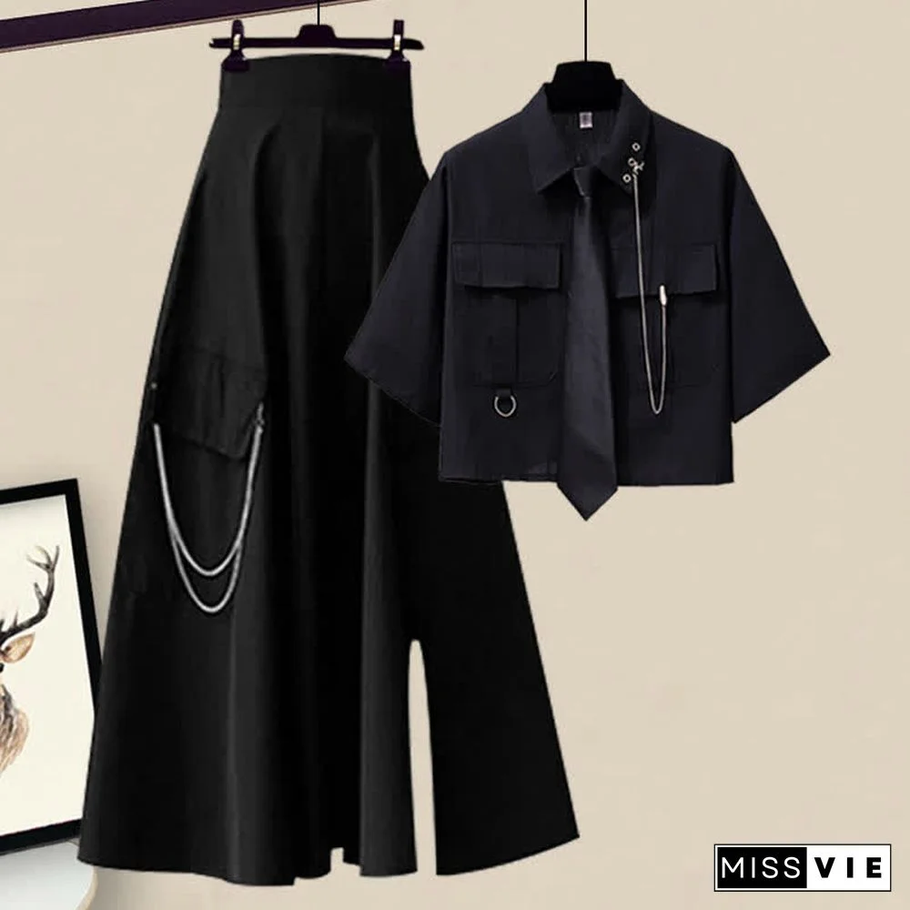 Chic Chain Pocketed Tie Polo T-Shirt Cargo Split Skirt