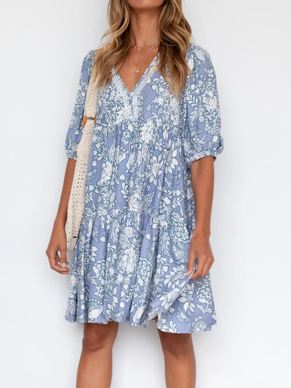 Vintage V-Neck Short Sleeve Mini Dress-vocosishoes