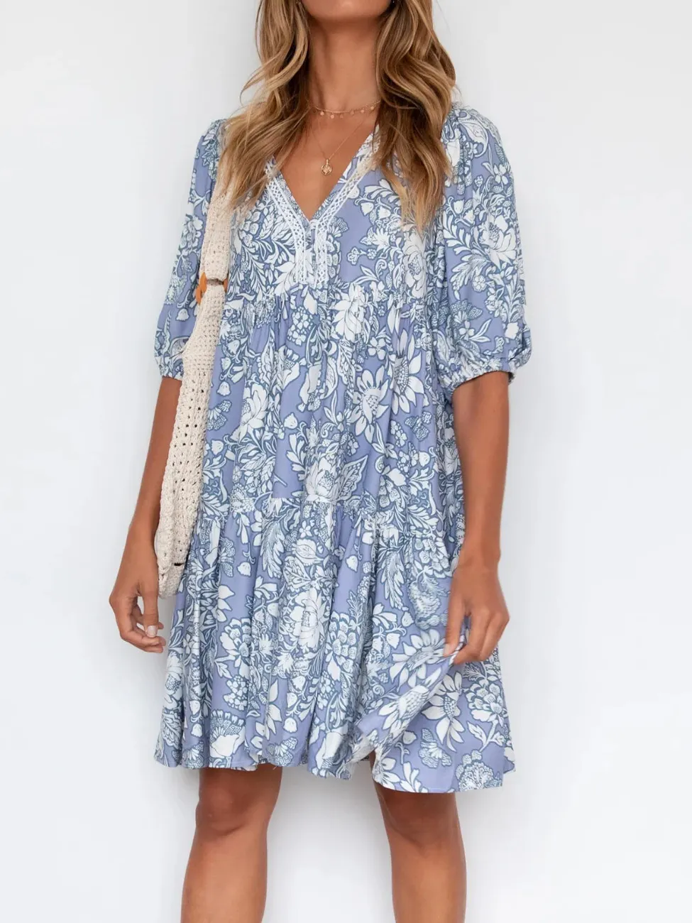 Vintage V-Neck Short Sleeve Mini Dress-vocosishoes