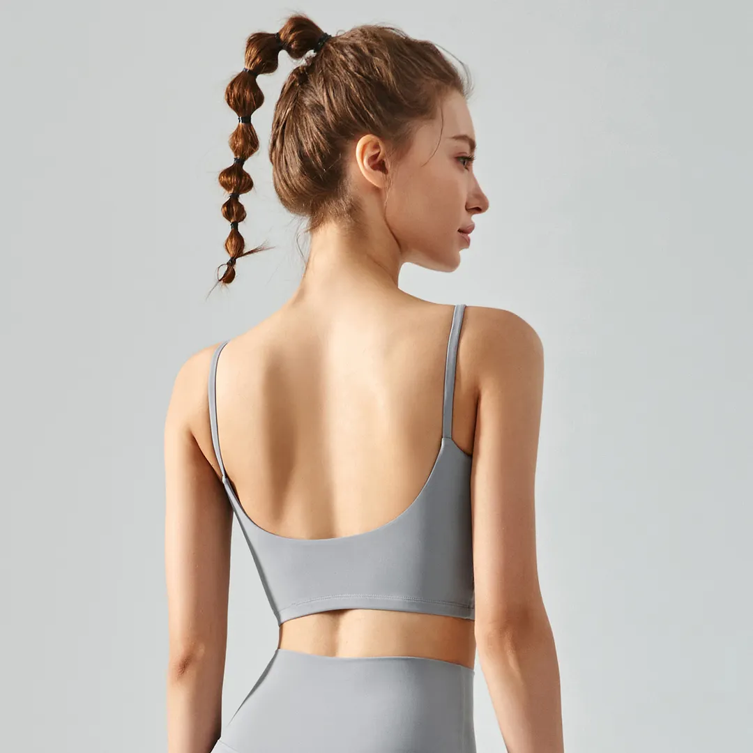Hergymclothing Khaki women's skin friendly soft comfort sustainable u back square neck cropped sports workout exercise vest with removable cups for sale