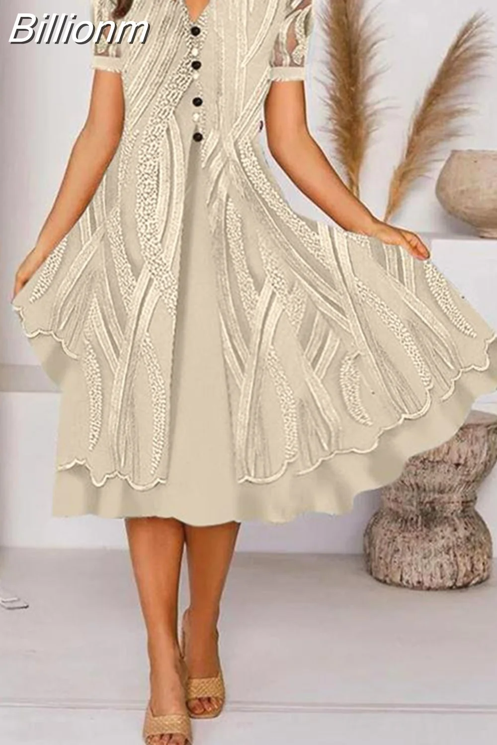 Billionm Women Print Party Dress Fashion Button Lace Office Dress Female 2025 New Spring Summer V Neck Pocket Short Sleeve Dress 413-0