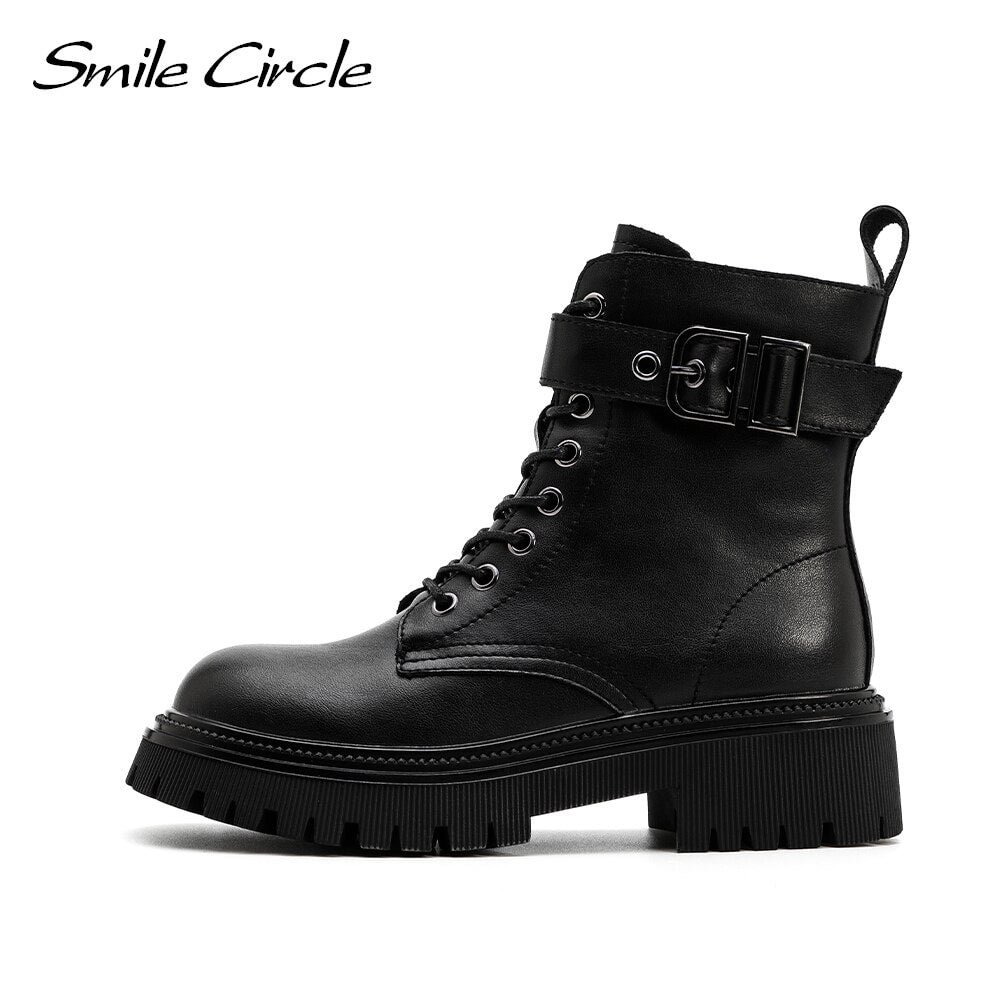 Smile Circle Cow leather Women Ankle boots Boots Platform Motorcycle Short Boots 2021 Autumn Casual Ladies Shoes Booties