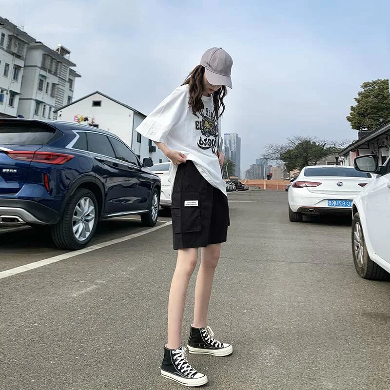 Shorts Women Summer High-waist Knee-length 3XL Pockets BF Casual Straight Vintage Chic Solid Loose Womens Streetwear Ins Ulzzang