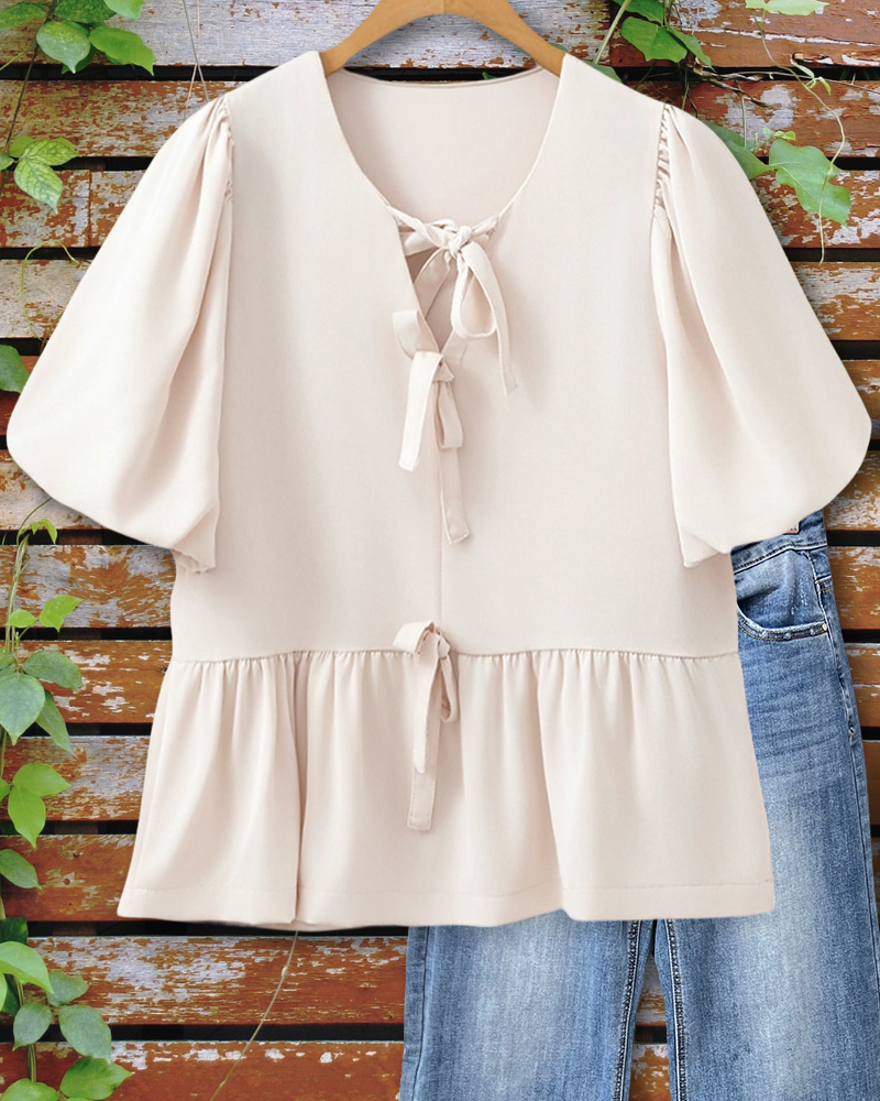 Solid Color Lace-Up Smart Peplum Blouse