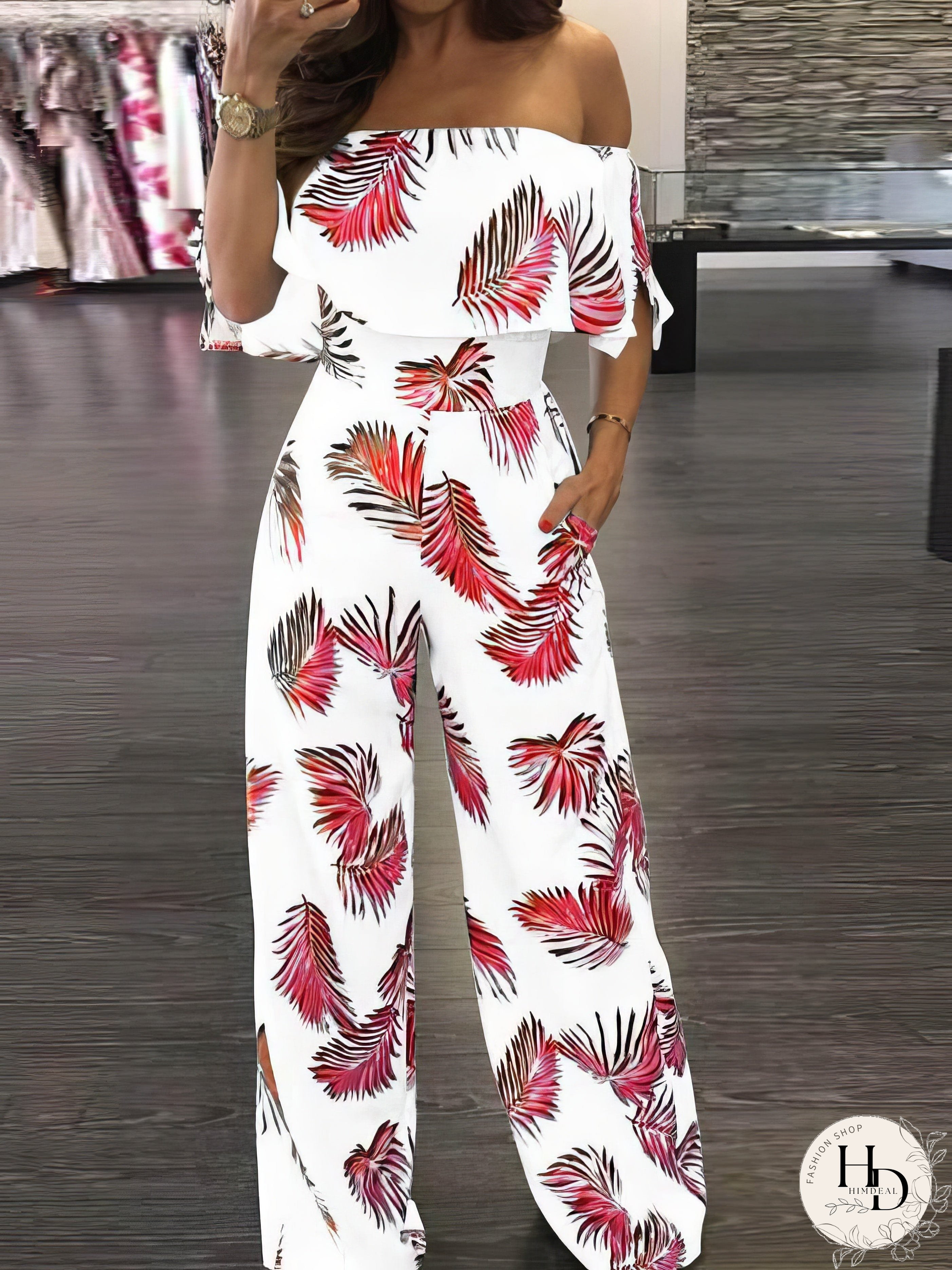 Fashion Print Frilled Off Shoulder Flared Jumpsuit