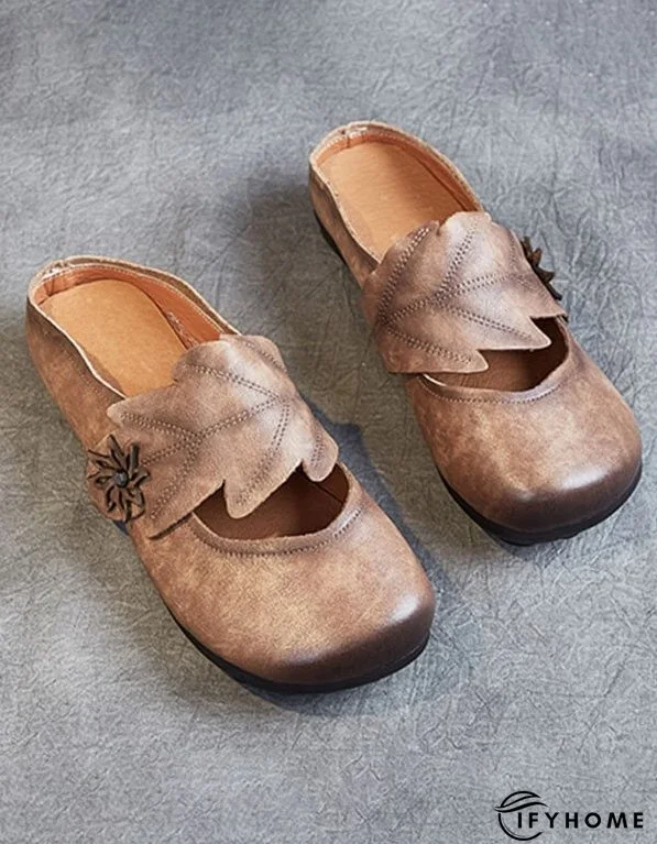 Handmade Retro Leather Leaf Flat Slippers Flat Shoes | IFYHOME