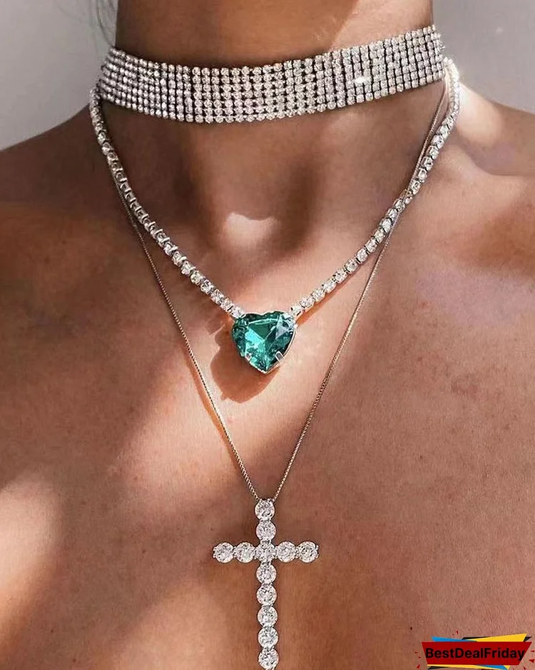 3PCS Heart Shaped Rhinestone & Cross Pattern Studded Layered Necklace P4124849209