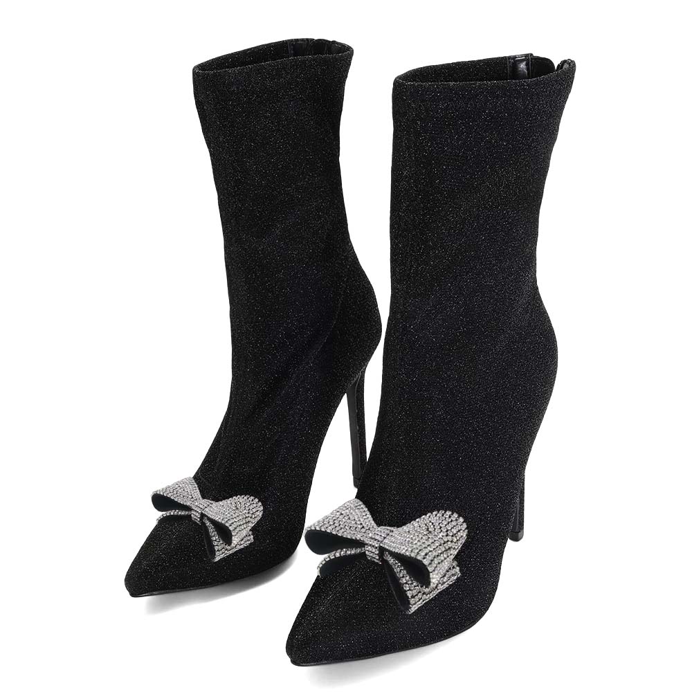 Black Glitter Pointed Toe Stiletto Sparkly Boots with Rhinestone Bow Nicepairs