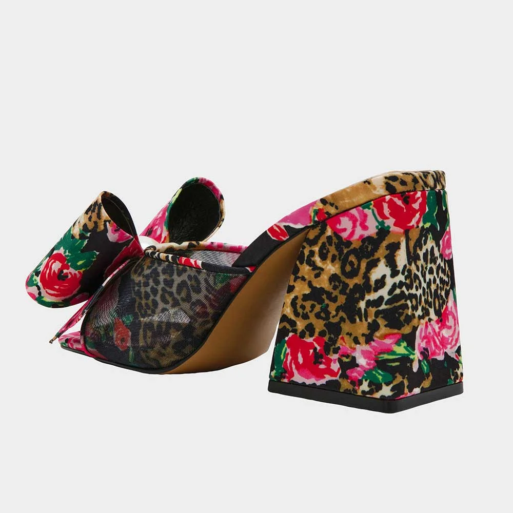Multicolor Square Toe Chunky Heel Floral Leopard Print Bow Mules Shoes