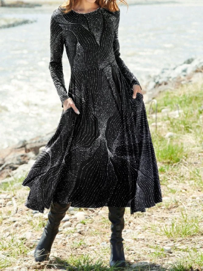 Cotton Blends Geometric Crew Neck Dresses Black Dresses