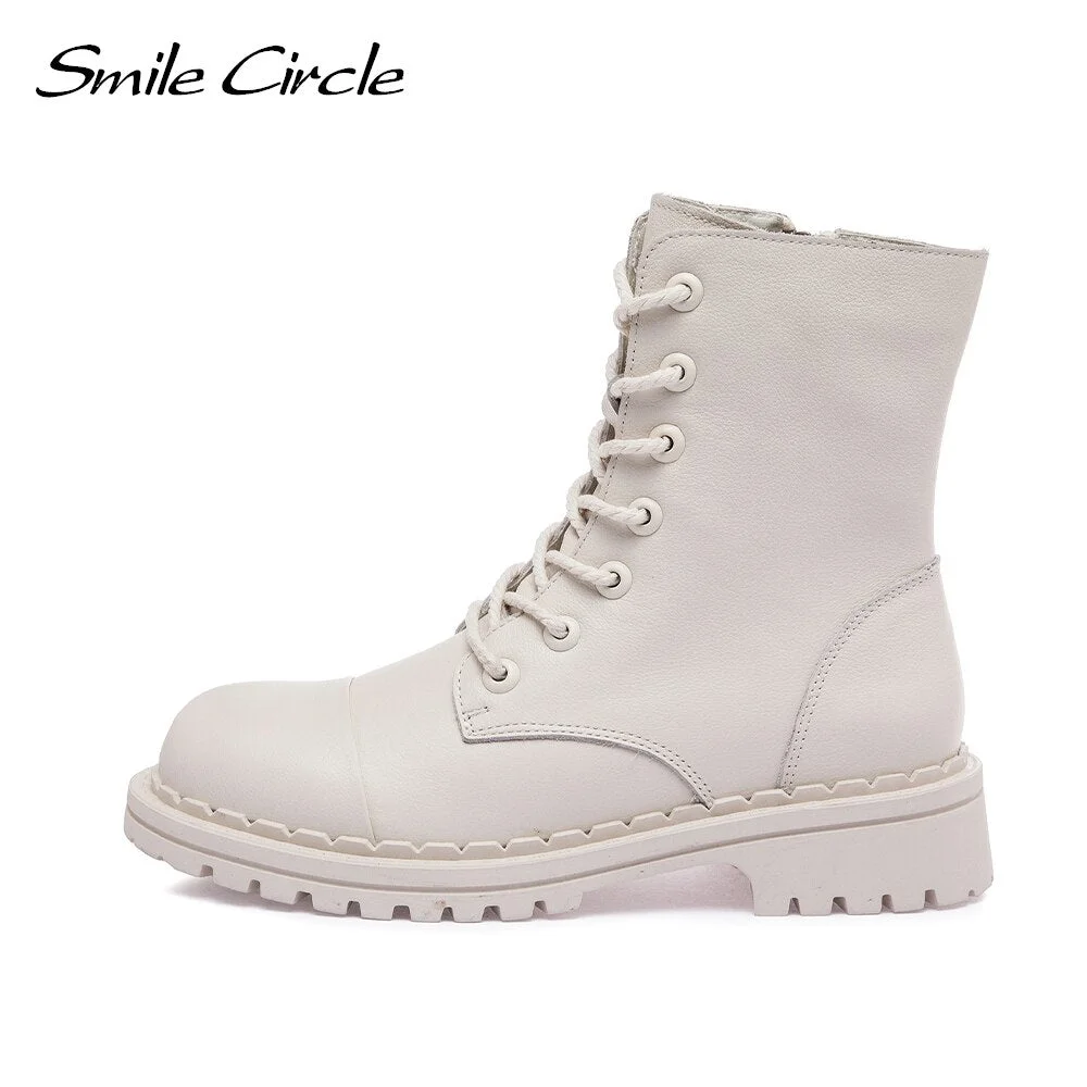 Smile Circle Short Boots Women Motorcycle Boots Platform Boots Cow Leather zipper Ladies Shoes Casual Autumn