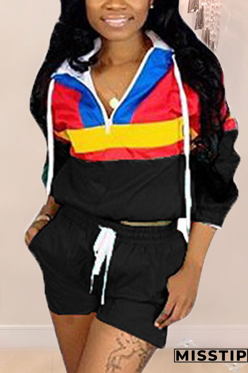 Green Casual Patchwork Sports Two-piece Set
