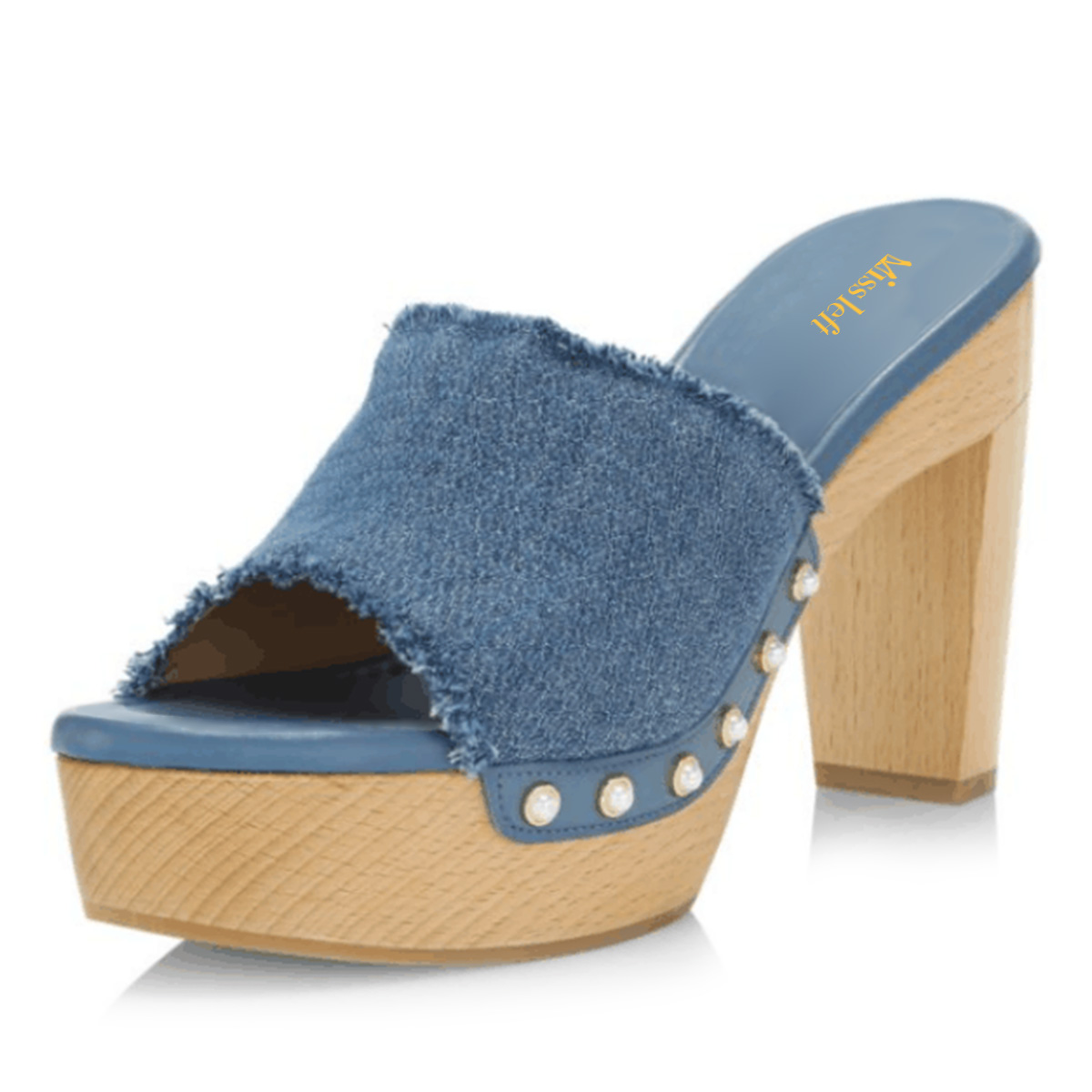 Studded Round Toe High Heel Fabric Blue Slip-on Platform Mules Nicepairs