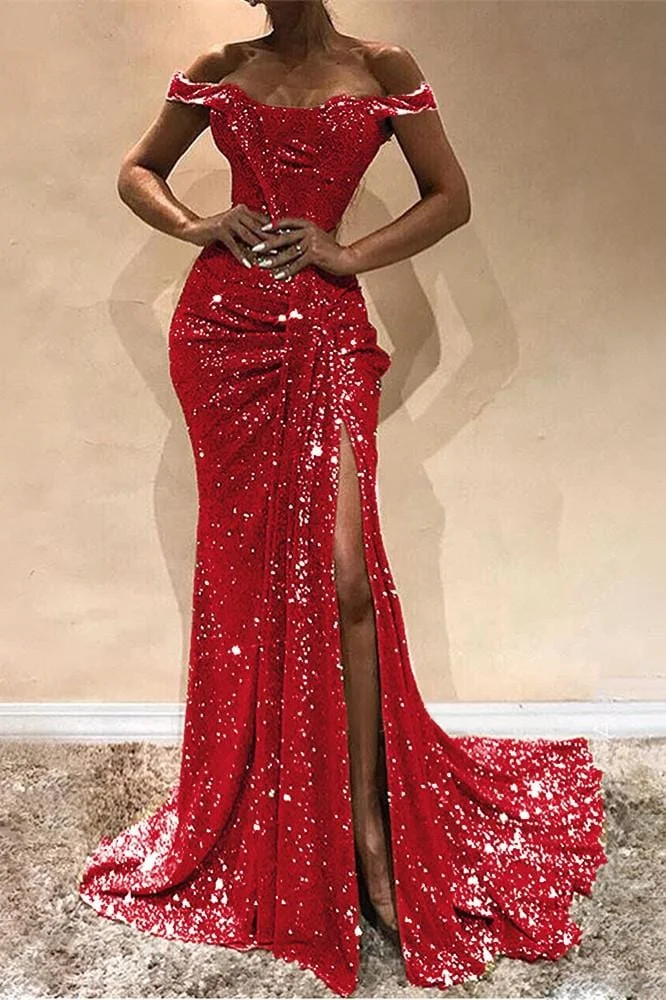 Sexy Word Shoulder Stitching Sequins Dress