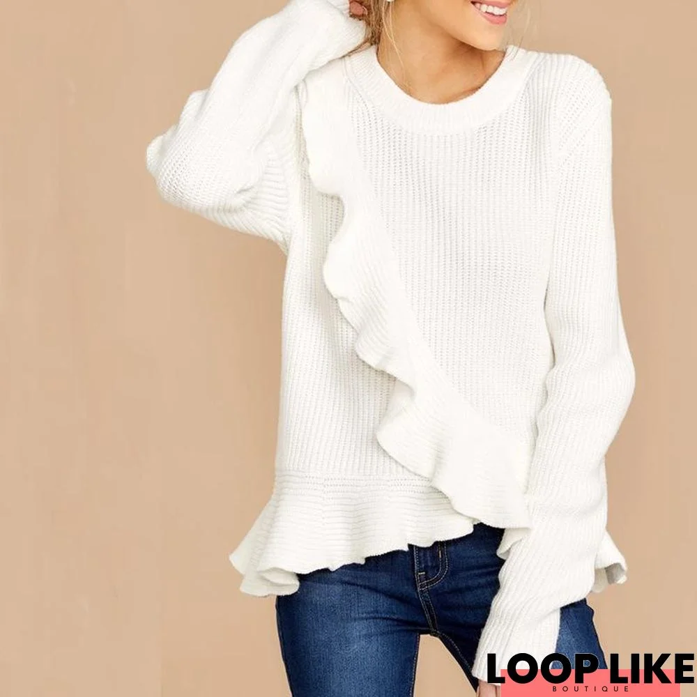 Solid Color Ruffled Sweater For Autumn and Winter