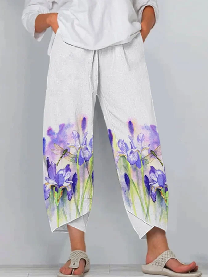 🔥Buy 3 Get 10% Off🔥Women's Watercolor Iris Dragonfly Print Cotton Casual Pants