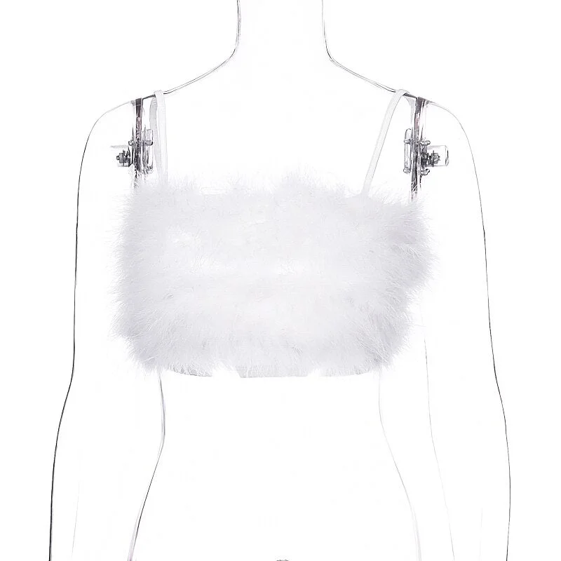 Hugcitar 2019 fake fur patchwork sleeveless tube sexy crop tops autumn winter women pink streetwear pur outfits camis