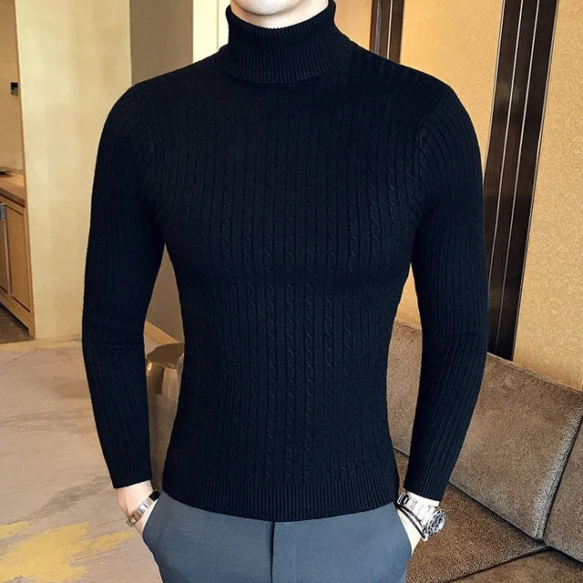 Aonga  2023 Korean Slim Solid Color Turtleneck Sweater Mens Winter Long Sleeve Warm Knit Sweater Classic Solid Casual Bottoming Shirt