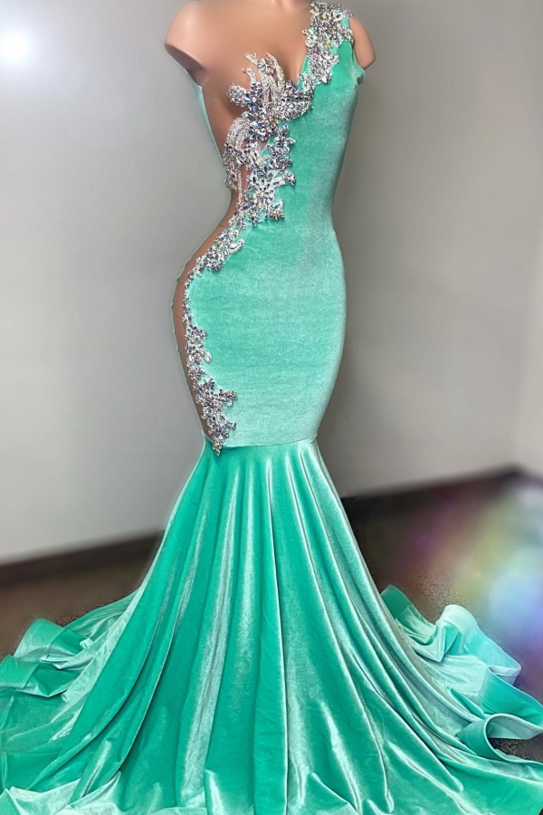 Luluslly Mint Green Velvet Prom Dress Mermaid Sleeveless Long With Beads