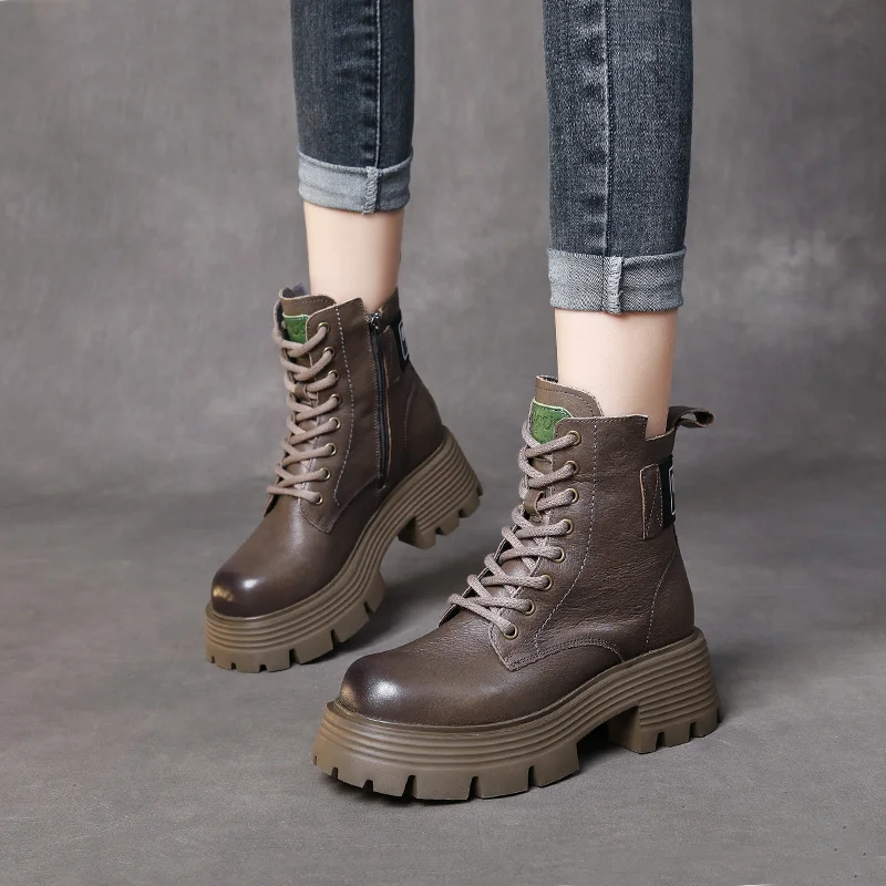 Yyvonne Head Layer Of Cow Skin Thick And Thick Bottomed Pine Cake Boots Handsome British Style Retro Martin Boots Women Height Height