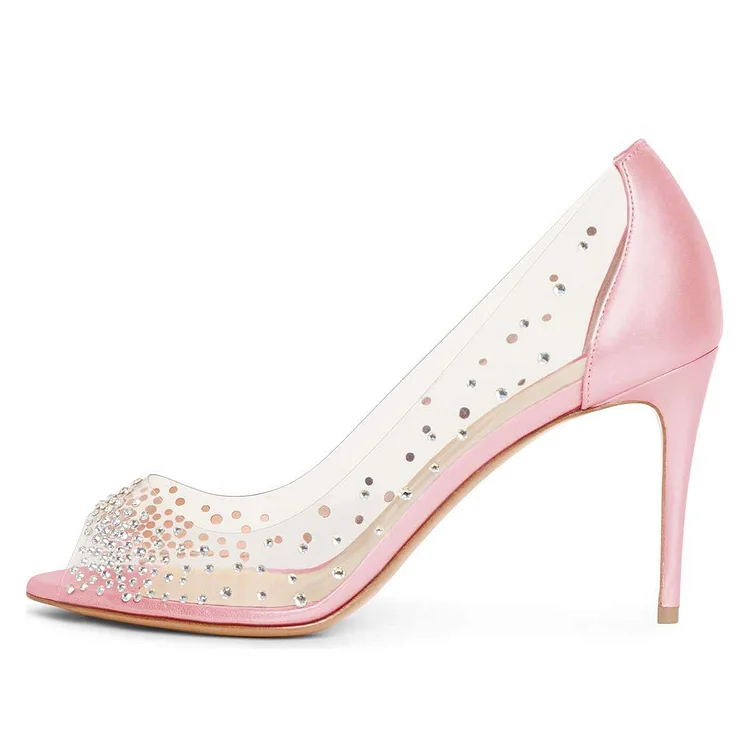 Pink transparent Heels Rhinestone Peep Toe Stiletto Heel Pumps |FSJ Shoes