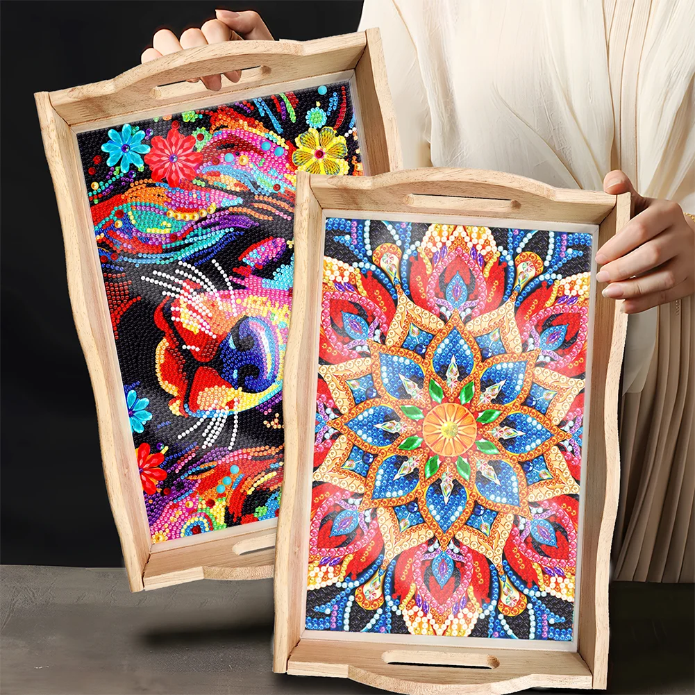 DIY Mandala Diamond Painting Decorative Trays with Handle Coffee Table Tray for Serving Food
