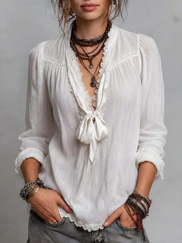 Vintage Lace-trimmed Tie-neck Cotton-linen Blouse