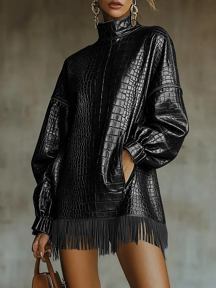 Ursime Fashion Dark Brown High Neck Lantern Sleeve Pocket Fringe Crocodile PU Leather Mini Dress
