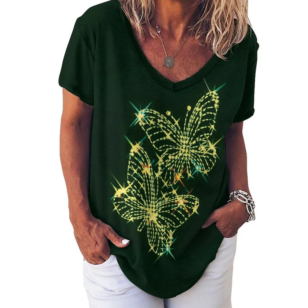V-neck Short Sleeve Casual T-shirt for  Women Printed with Pattern Green, Clover, St. Patrick's Day, Green