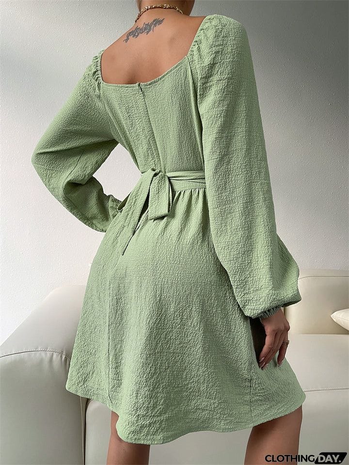 Temperament Trendy Lady Square Neck Long Sleeve High-waisted A-line Dress