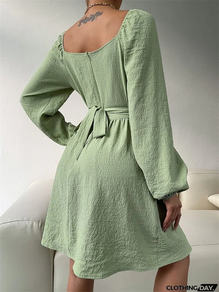 Temperament Trendy Lady Square Neck Long Sleeve High-waisted A-line Dress