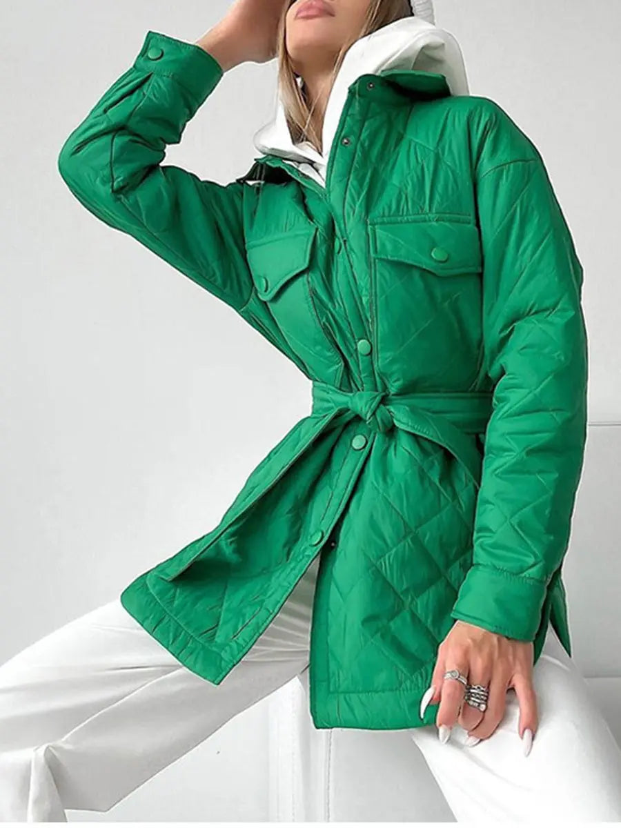 Long Buttoned Lapel Loose Warm Rhombus Cotton Jacket
