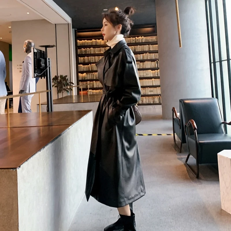 Fashion Brand New Women's Long PU Leather Trench Coat with Belt Lady Windbreaker Waterpoof Female Outerwear Spring Autumn Black