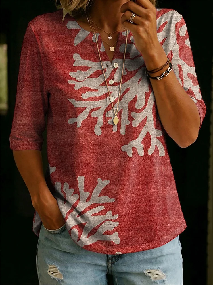 Women&rsquo;s Floral Pattern Art Casual Classic Henley Collar 100% Cotton T-shirt