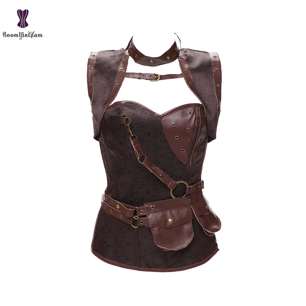 Black Women's Spiral Steel Boned Goth Retro Overbust Steampunk Bustier Corset With Jacket Plus Size 926#