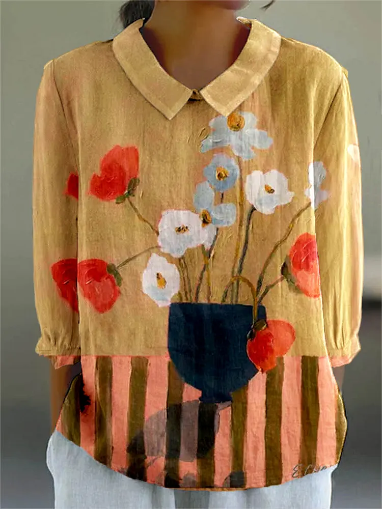 Womens Artistic Abstract Poppy Pattern Casual Cotton And Linen Top