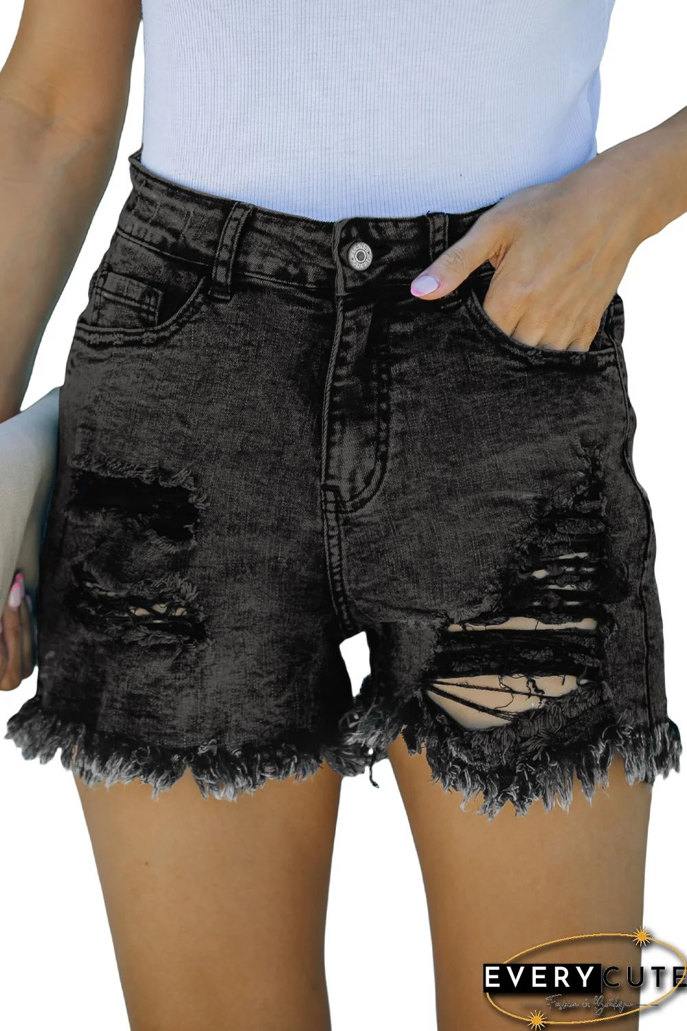 Gray Frayed Hem Mid Waist Denim Shorts