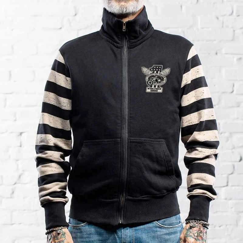 Retro Motorcycle Cotton Striped Long Sleeve Hooded Zipper Jacket