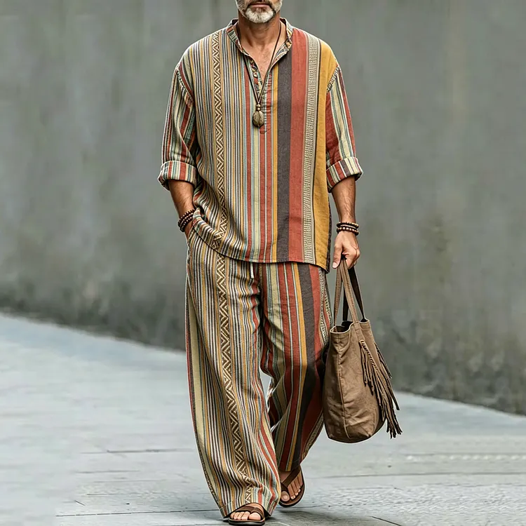 Men's Vintage Striped Print Shirt And Pants Two Piece Set