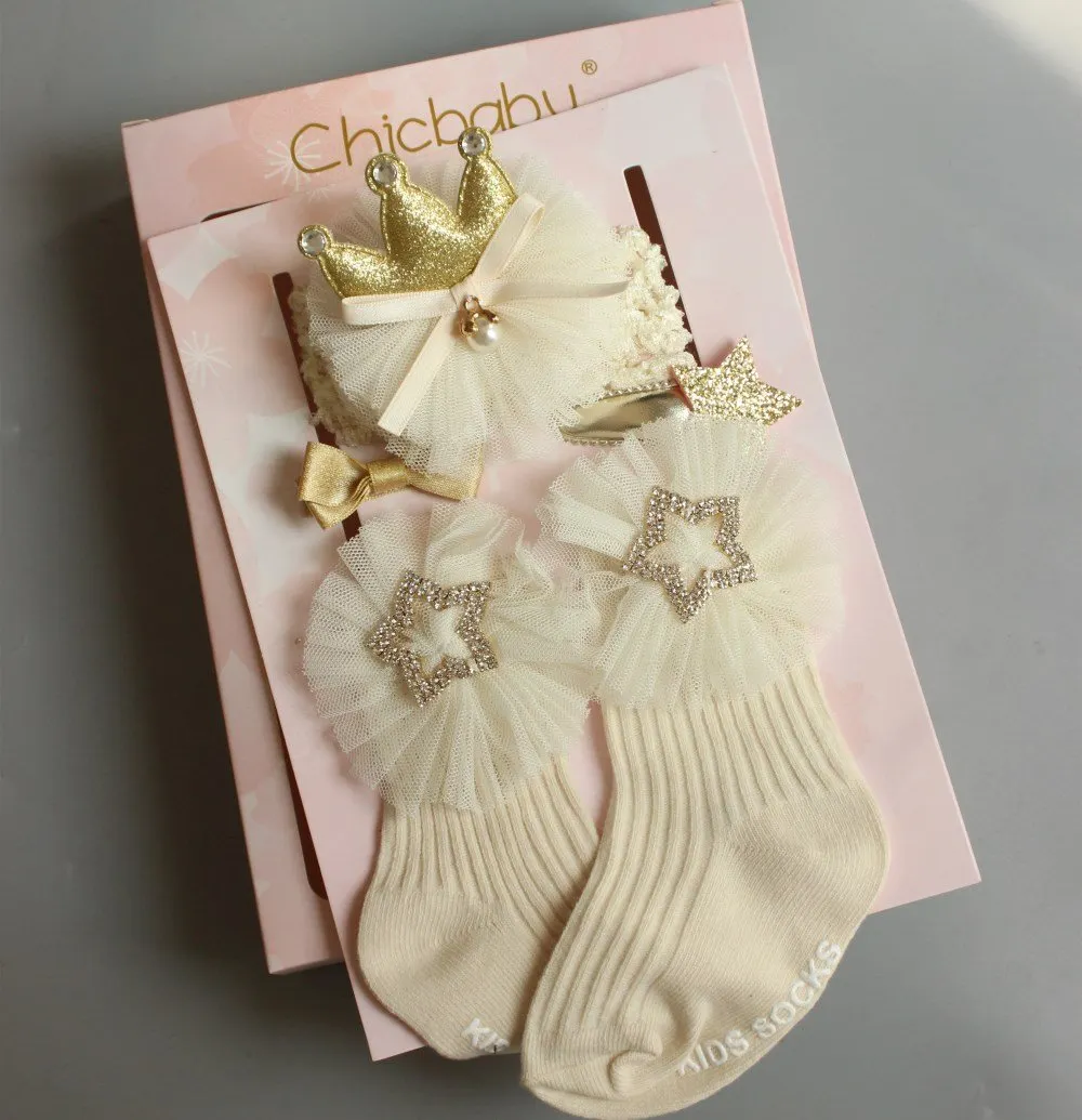 2019 4pcs/Sets Newborn Baby Girl Boy Socks Lace Ruffle Tutu Socks Frilly Ankle Princess Anti Slip Socks+Headband+Hair Pin 0-24M