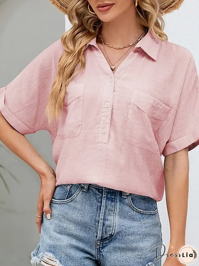 Blouse Pocket Loose Solid / Plain Color Basic Shirt Collar Roll Sleeves Summer Black White Pink Sky Blue for Women