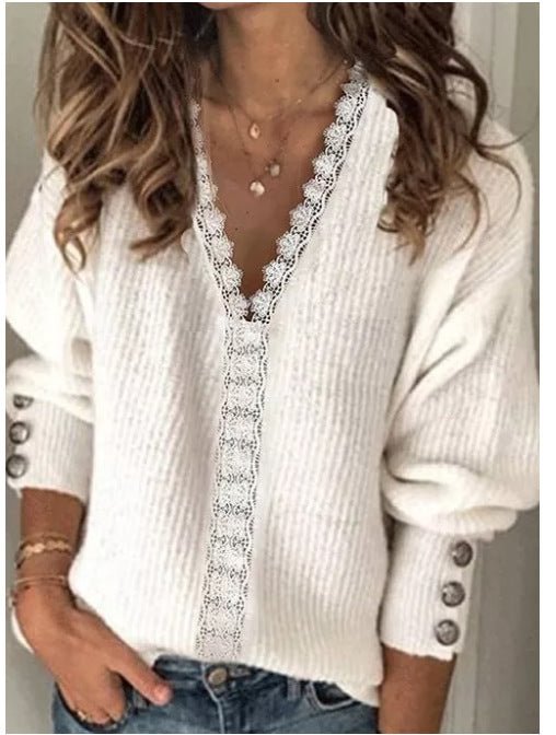 Fashion Women's Wear Pure Color All-matching Knitted V-neck Loose Long Sleeve Sweater