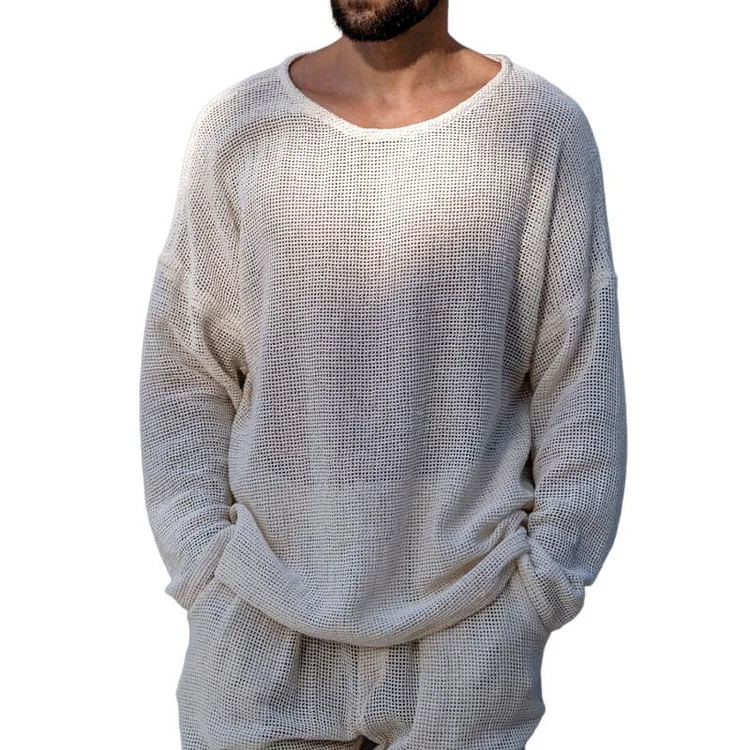 Men's Casual Loose Mesh Breathable Round Neck Long Sleeve T-shirt 44093042M