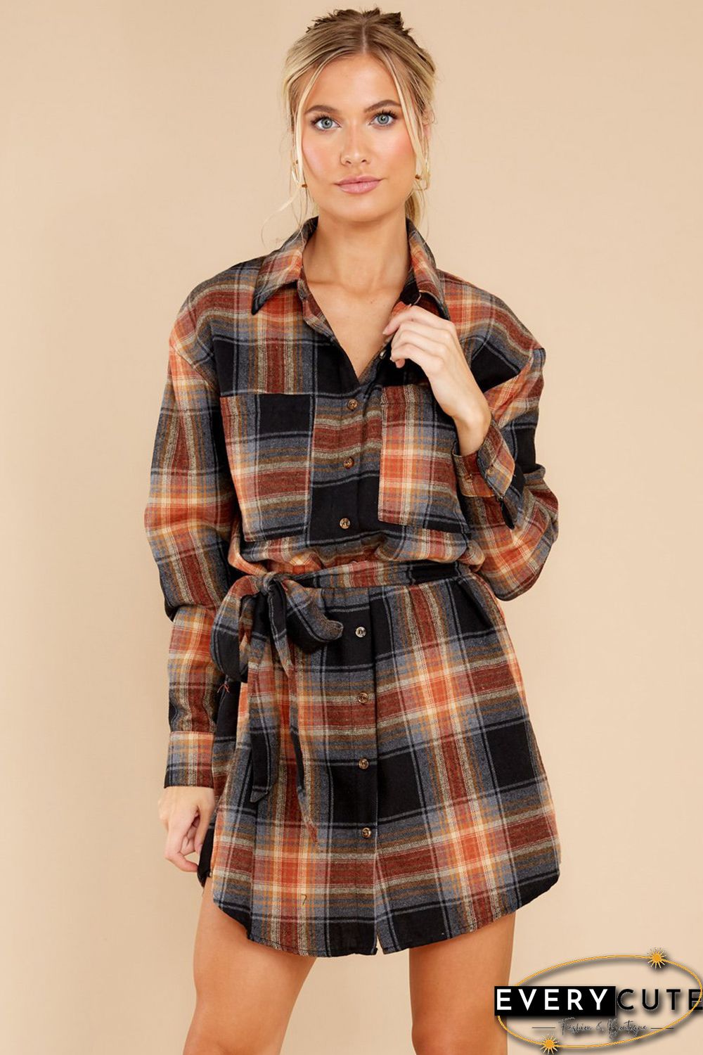 Plaid Chest Pocket Shirt Mini Dress with Belt