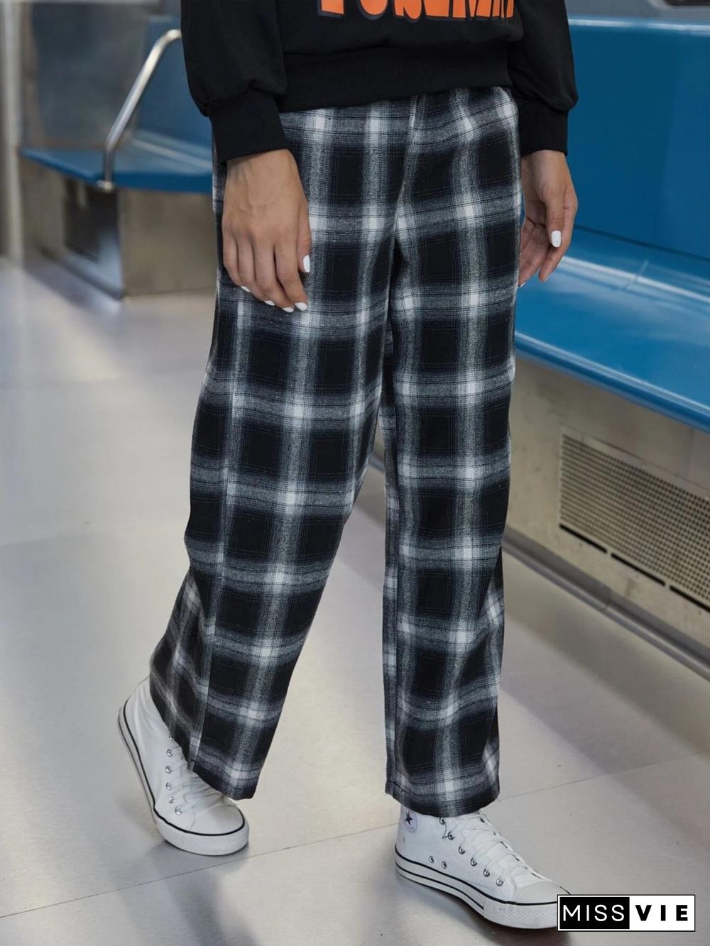 Dropshipping Vintage Plaid Pant Elastic Waist Pant Women High Waist Plus Size Wide Leg Pants Casual Female Korean Trouser Women