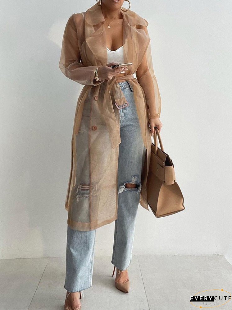 Cardigans Solid Lapel Mesh Lantern Long Sleeve Cardigan for Women