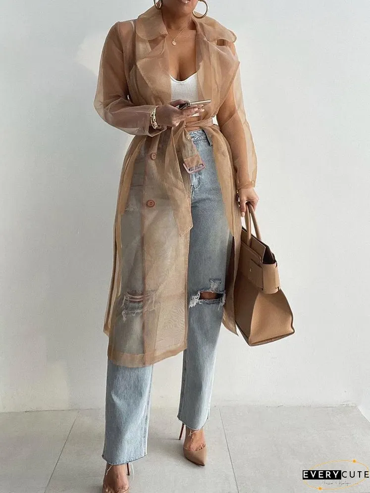 Cardigans Solid Lapel Mesh Lantern Long Sleeve Cardigan for Women