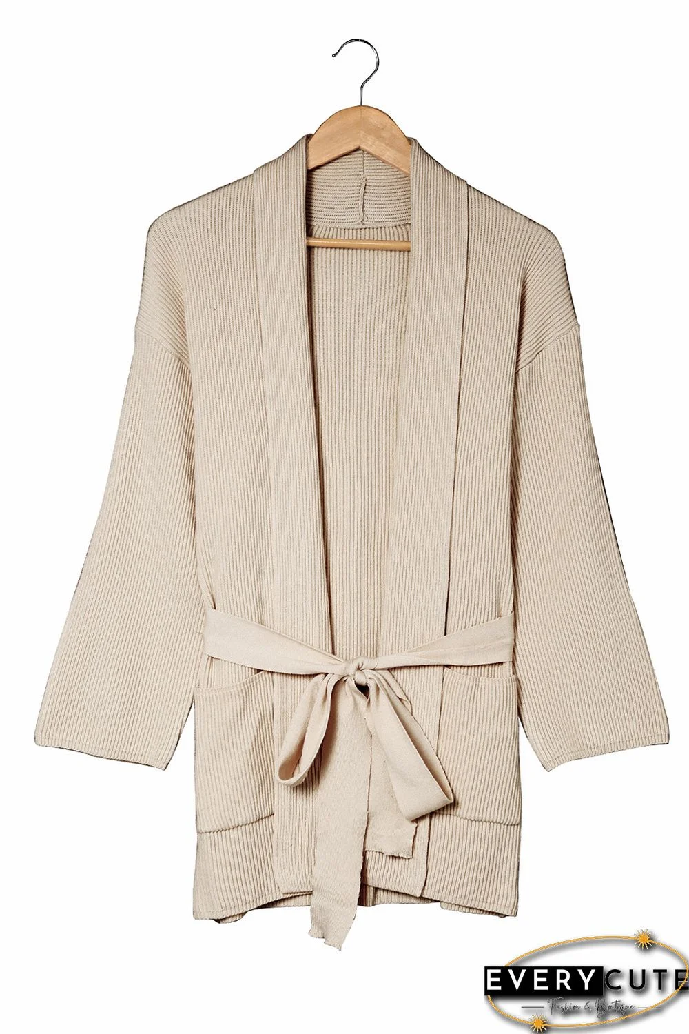 Apricot Robe Style Rib Knit Pocketed Cardigan with Belt