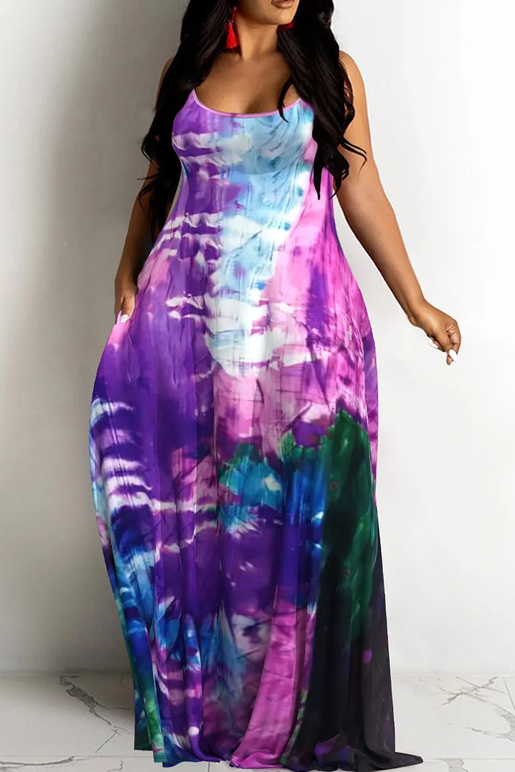 Plus Size Casual Purple Tie Dye Print U Neck Sleeveless Sundress Pocket Maxi Dress